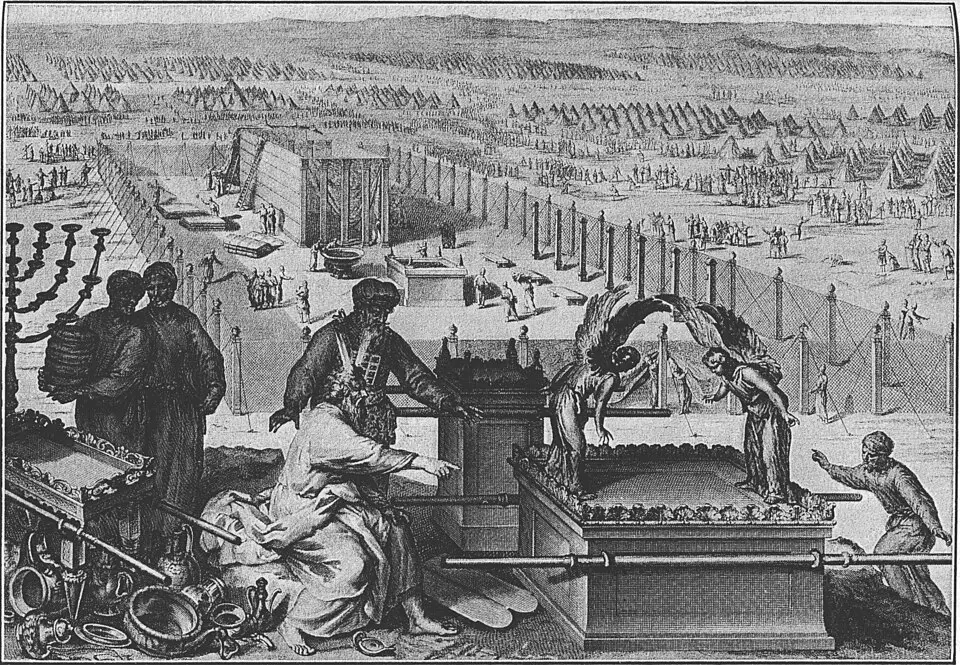 The erection of the tabernacle and the Sacred vessels, as in Exodus 40:17–19; from Figures of the Bible (1728)